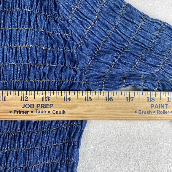 Andrew & Co Women's Blue Denim Shirred Lace up Blouse Small 3/4 Sleeve Western - Picture 6 of 8